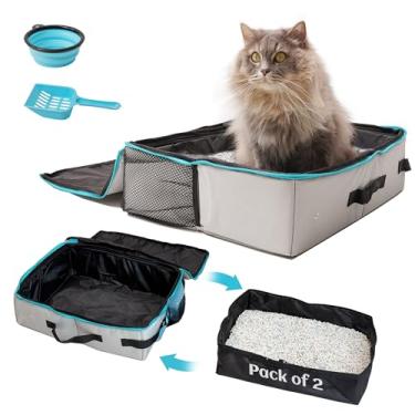 Imagem de PETKARAY Caixa de areia portátil para viagem para gatos com tampa de zíper duplo, porta-areia leve e dobrável, caixa de areia dobrável à prova d'água para gatos, viagens de carro, hotel e avião, cinza