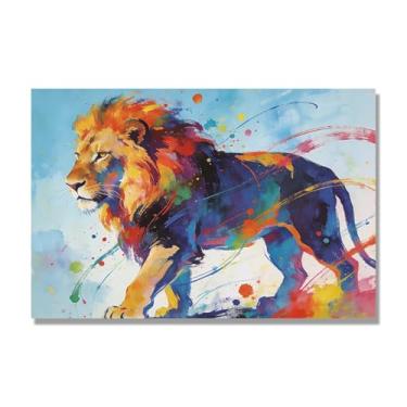 Imagem de NHLDZYH Pintura de leão colorida, impressão de arte abstrata vibrante, decoração de parede de animais selvagens e enérgicos, tela contemporânea moderna para quarto, academia, quarto de crianças. A92