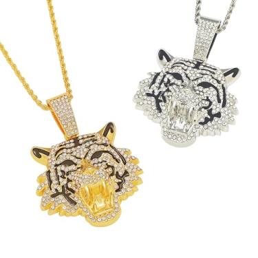 Imagem de RQSP Colar masculino com pingente gelado | Corrente de elos cubanos de ouro e prata de 55 cm com diamante e zircônia brilhante | Presentes de joias hip hop para homens/pais, 22inch, Aço inoxidável