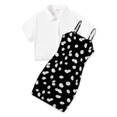 Imagem de PATPAT Vestido feminino de 2 peças, vestidos e blusa de botão cropped para 5 a 12 anos, Branco, 8-9 Anos