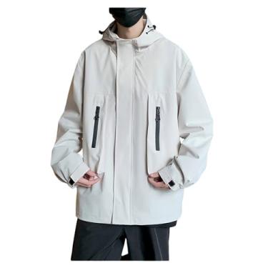 Imagem de Jaqueta masculina leve corta-vento Rip Stop cor sólida capa de chuva casaco com zíper bolsos jaqueta, Branco, 4G
