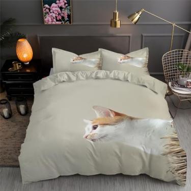Imagem de Jogo de cama com 3 peças de capa de edredom de gato solteiro bege de microfibra macia texturizada 172,7 x 228,6 cm e 2 fronhas, com fecho de zíper e laços