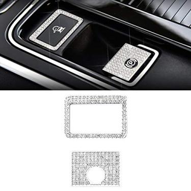 Imagem de CARFIB Acessórios brilhantes para o interior do carro para Jaguar F-PACE XE XF 2019 2020 freio de mão eletrônico estacionamento P ASPC anel de botão decalque decalque peças de cobertura decoração masculino feminino liga de zinco cristal prata 2 peças