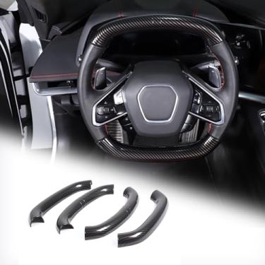 Imagem de Acabamento da capa do volante compatível com Chevrolet Corvette C8 2020-2023 ABS 4 peças, tampa redonda do volante, acessórios de proteção interna do volante (carbono ABS)