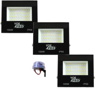 Imagem de Kit com 03 refletores led holofote 100w + 01-relé fotocélula acende a 