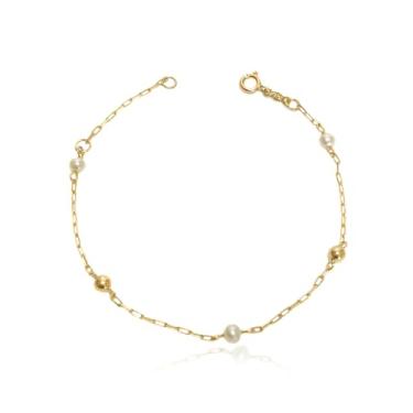 Imagem de Pulseira Infantil Bolas E Pérolas 3mm Bebê Criança Ouro 18k 750 C/Estojo e Certificado