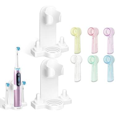 Imagem de SULUNZEGER Suporte de escova de dentes elétrica para Oral B iO, 2 unidades de suporte adesivo de parede e 6 capas de cabeça de escova de dentes para Oral B iO Braun Series, organizador de