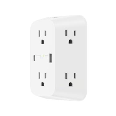 Imagem de Belkin Filtro de linha com 6 tomadas, lista UL, montável na parede com 6 saídas CA, proteção contra sobretensão, indicador LED - portas USB-C e USB-A com carregamento rápido USB-C PD - 1.680 joules de