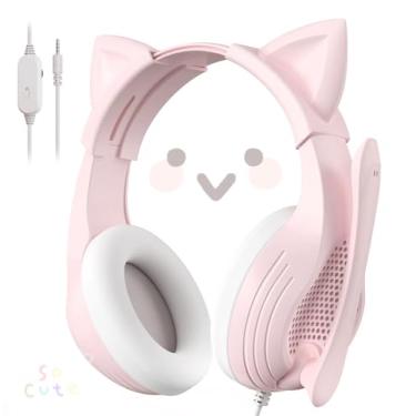 Imagem de SENLOO Fone de ouvido para jogos Pink Cat Ears com microfone para controle PS4 Xbox One PS5, fones de ouvido com fio com microfone para PC, computador, Mac, laptop e consoles