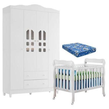 Imagem de Berço Americano Lila E Guarda Roupa Infantil New Selena 4 Portas Branco Brilho Colchão Móveis