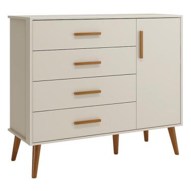 Imagem de Cômoda Infantil Isis 4 Gavetas 1 Porta em MDF com Puxadores em Madeira Bege Acabamento Fosco