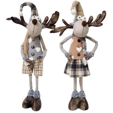 Imagem de Rena Casal Em Pé Rústico Cinza E Marrom Xadrez, Braços E Gorro Maleável 60cm - Cromus