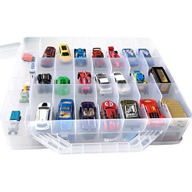 Imagem de HOME4 Recipiente de armazenamento de brinquedos de dupla face livre de BPA – Compatível com marcas de mini brinquedos, ferramentas de artesanato de bonecas pequenas – Estojo organizador de brinquedos – 48 compartimentos – Carros não incluídos (transparente)
