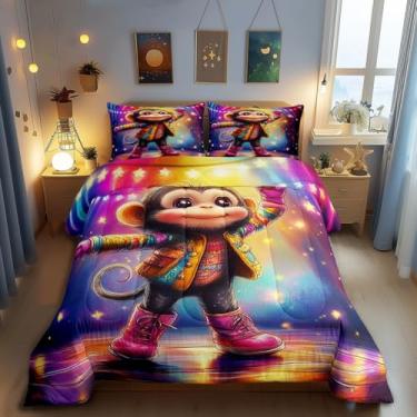 Imagem de Jogo de cama casal com desenho animado de macaco, colorido, arco-íris, néon, para decoração de quarto de meninas e meninos, estampa de animais tropicais, estrela fofa, conjunto de colcha com glitter
