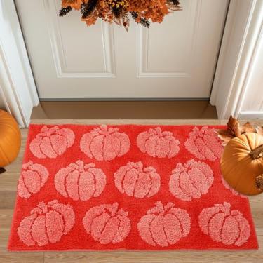 Imagem de JarThenaAMCS Tapete de outono 3D abóbora tapete de banho laranja avermelhado capacho antiderrapante outono colheita tapete frontal para decoração de casa de Ação de Graças Dia das Bruxas