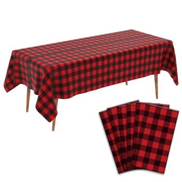 Imagem de Toalha de mesa xadrez vermelha e preta, 6 peças de toalha de mesa xadrez de búfalo de plástico 274 x 137 cm, toalha de mesa descartável, impermeável, vermelha, capa de mesa retangular para piquenique