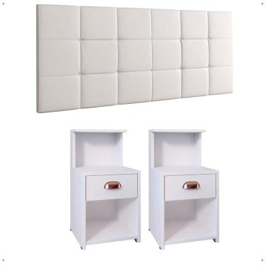 Imagem de Kit Quarto 2 Mesas Cléo Gaveta Nicho Prateleira Retrô Cabeceira Modulada Bia Corino Cama Box Casal Queen 1,6 Branco - RPM