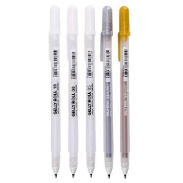 Imagem de Kit 5 Canetas Gel Sakura Gelly Roll Branca Prata Dourada Espessuras 0.5mm, 0.8mm, 1.0mm, para Desenho e Escrita em Papel Preto Colorir Livros