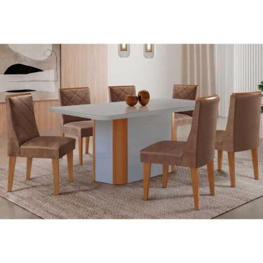 Imagem de Conjunto Sala de Jantar Pietá c/ Tampo Madeirado c/ Vidro Canto Curvo 180x90cm e 6 Cadeiras Pietá Madeira Maciça Naturale/Off White - Capuccino/Corano