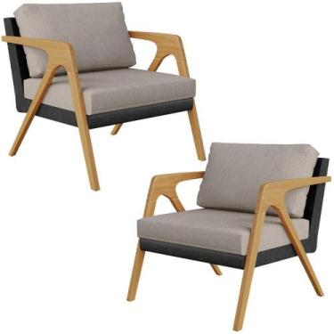 Imagem de Kit 02 Poltronas L02 material sintético Preto Linho Bege - LYAM DECOR