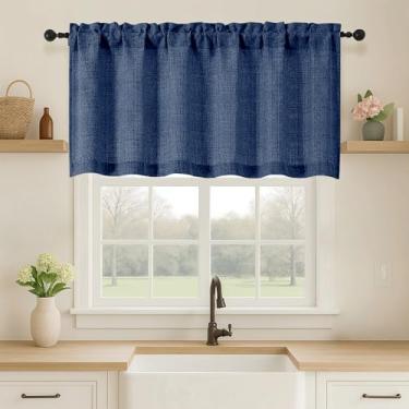 Imagem de OVZME Saia azul marinho para janelas, cortinas curtas de linho sintético texturizadas com filtro de luz para janelas, bolso duplo para varão, cortina curta para casa de banho, 152 cm L x 61 cm C cm, 1