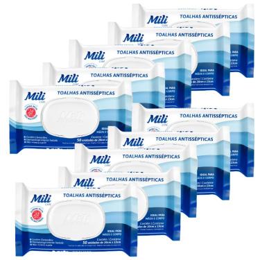 Imagem de Lenço Umedecido ou Toalhas Antissépticas Mili  10 pacotes c/ 50 (total: 500 toalhas)