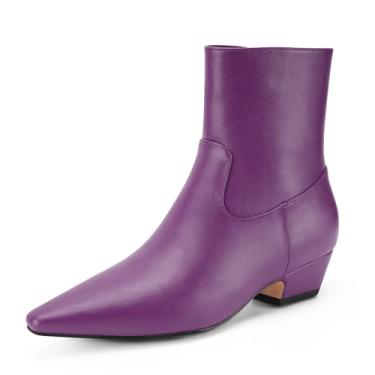 Imagem de Perisis Bota feminina de cano curto, bico fino, grosso, salto baixo, confortável, casual, com zíper lateral, PU roxo, 35