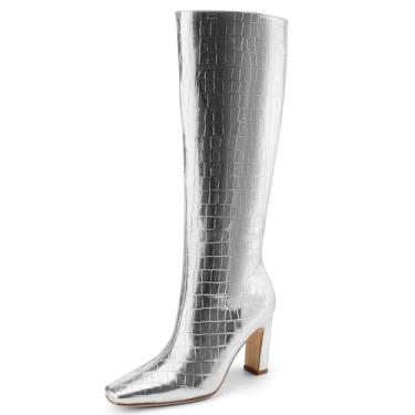 Imagem de Perisis Botas de cano alto femininas pretas longas botas altas de salto alto grosso bico quadrado padrão crocodilo botas de couro com zíper lateral para mulheres sexy, Prata, 37