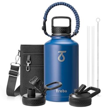 Imagem de Trebo Garrafa de água de 1,8 g com alça de paracord, jarro de água isolado de aço inoxidável de parede dupla grande de meio galão com alça de suporte e tampas de bico de palha, à prova de vazamento