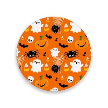 Imagem de JUZIHAI Conjunto de 4 porta-copos de abóboras de Halloween com 4 porta-copos redondos absorventes de pedra cerâmica com base de cortiça, tapete de proteção de mesa para cozinha, bar, decoração de casa