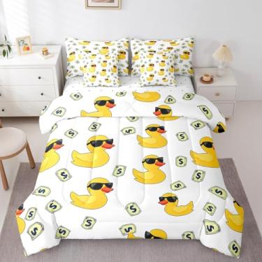 Imagem de Erosebridal Jogo de cama solteiro com estampa de pato amarelo de borracha, 7 peças, estampa de dólar americano, conjunto de lençol com edredom branco para amantes de animais de estimação