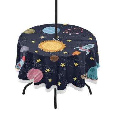 Imagem de Qilmy Toalha de mesa redonda impermeável de 152 cm com orifício para guarda-chuva e zíper – uso externo/interno resistente para pátio, churrascos, piqueniques, festas (serve para mesas circulares)