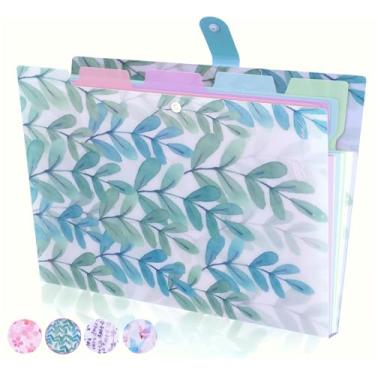 Imagem de Pasta organizadora expansível com padrão - Organizador de documentos sanfonado com 5 bolsos e etiquetas, à prova d'água tamanho A4/carta para escola, escritório, casa (plantas verdes)