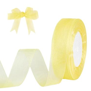 Imagem de letsinstyle Fita de chiffon transparente de organza amarela clara de 50 metros, fitas de cetim de organza brilhante de 2,5 cm, acabamentos de tecido de tule para embrulhar buquê de casamento