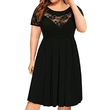 Imagem de Vestido midi feminino plus size, manga curta, renda, plissado, casual, verão, rodado, com bolsos, Preto, GG