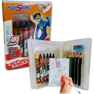 Imagem de Kit Escolar Infantil 18 Peças, com 6 Lápis de Cor, 6 Gizes de Cera, 4 Desenhos para Colorir, Borracha e Apontador, Resina Plástica, para Crianças acima de 4 Anos