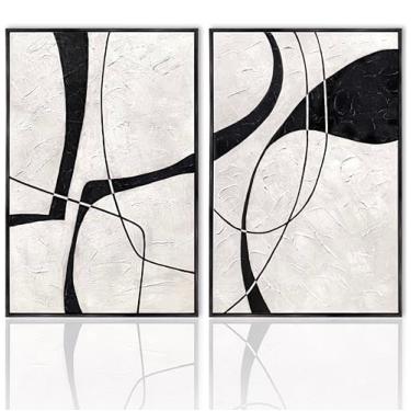 Imagem de 100% pintado à mão, preto emoldurado, 2 conjuntos de arte de parede preto e branco textura grossa grande decoração de parede abstrata para sala de estar, quarto, escritório, decoração de casa moderna