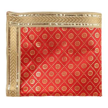 Imagem de Tapete decorativo Aasan Chunari pano de fundo Pooja (Tamanho: 91 cm x 91 centímetros) (vermelho) Indiano tradicional Ganpati Ganesha Festival Decoração MATA Ki Chunri para Estátua Chowki Aasan Mat