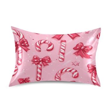 Imagem de Blueangle Fronha de cetim Candy Cane Bows para cabelo e pele, fronha de seda, tamanho Queen (51 x 76 cm) - Capas de almofada de cetim com fecho de envelope (651)