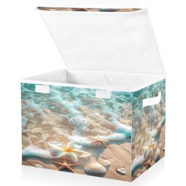 Imagem de Blueangle Cestos de armazenamento de estrela do mar e coral com tampas, 42 x 32 x 30 cm, grande cesta organizadora dobrável para decoração de escritório e armário (500)
