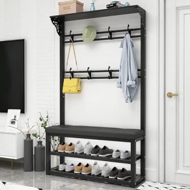 Imagem de Cabideiro De Metal Em Pé Com Banco De Sapatos 3 Em 1 Árvore De Hall De Entrada Com Sapateira De 2 Camadas Organizador De Prateleira De Armazenamento De Metal Com 10 Ganchos P, A, 80X30X172CM