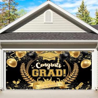 Imagem de Banner de porta de garagem de formatura 2,1 x 4,9 m Class Of 2025 Congrats Grad pano de fundo preto e dourado decoração de festa de formatura fundo parabéns formatura capa de porta de garagem cenário