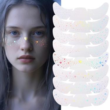 Imagem de 8 peças de tatuagem holográfica multicolorida com glitter e sardas faciais, remendo de maquiagem, sardas falsas, à prova d'água, tatuagens temporárias com glitter fofo para mulheres e crianças