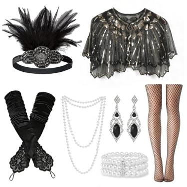 Imagem de Tiwindx Acessórios femininos anos 1920 melindrosa grande Gatsby para festa temática dos anos 20, acessórios de fantasia dos anos 20, Preto, Adjustable