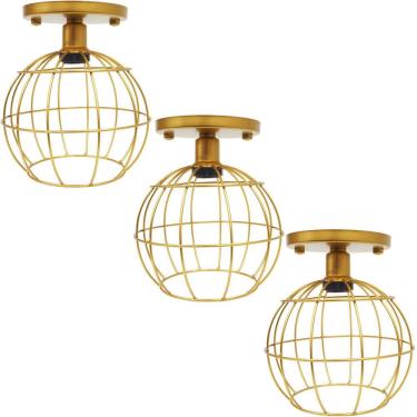Imagem de 3 Lustres Teto Plafon Industrial Aramado Globo Retrô Luminária Sobrepor Vintage Dourado Agp Ilumini