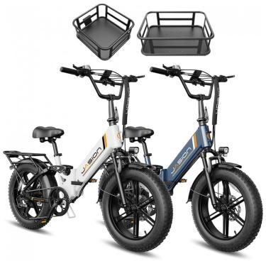 Imagem de Kit 2 bicicletas elétricas dobráveis Jasion X-Hunter ST branca e azul cestos pneus 20x4 motor 750W pico 1400W bateria 48V 13Ah 70 km 110V
