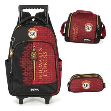 Imagem de Kit Mochila Rodinhas Lancheira Estojo Harry Potter Infantil, Vinho