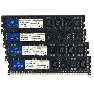 Imagem de Timetec Kit de 16 GB (4 x 4 GB) DDR3 / DDR3L 1333MHz PC3-10600 Non-ECC Unbuffered 1,5V / 1,35V CL9 2Rx8 Baixa Densidade Dual Rank 240 Pinos UDIMM Desktop PC Memória RAM Atualização (Kit de 16 GB (4 x