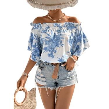 Imagem de MakeMeChic Blusas femininas com estampa floral boho ombro de fora flare manga curta acabamento com babados tops camisa de verão, Azul e branco, P