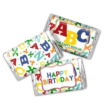 Imagem de ABC Alphabet Letters Birthday Mini Chocolate Candy Bar Sticker Wrappers for Kids, 45 3,6 cm x 6,6 cm Wrap Around Labels by AmandaCreation, ótimo para lembrancinhas de festa